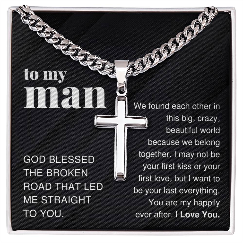 To My Man Gift, Big Crazy Beautiful World, Cross Pendant Cuban Chain Men Necklace