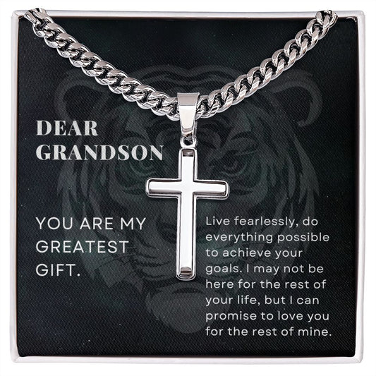 To Grandson, You are my Greatest Gift, From Grandparents, Encouragement Stainless Steel Cross Pendant Chain Necklace