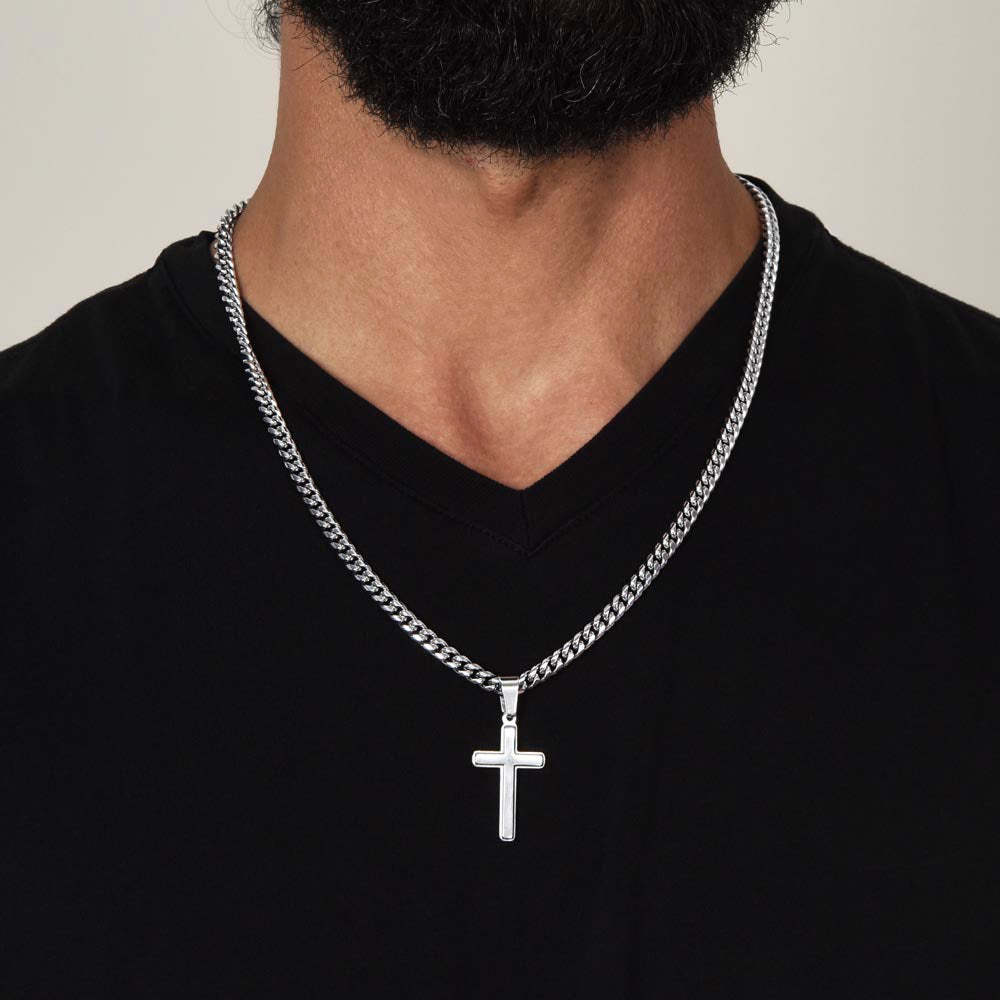 Confirmation Gift to Son from Mom and Dad, God is Strength and Wisdom Stainless Steel Men Cross Necklace on Cuban Chain