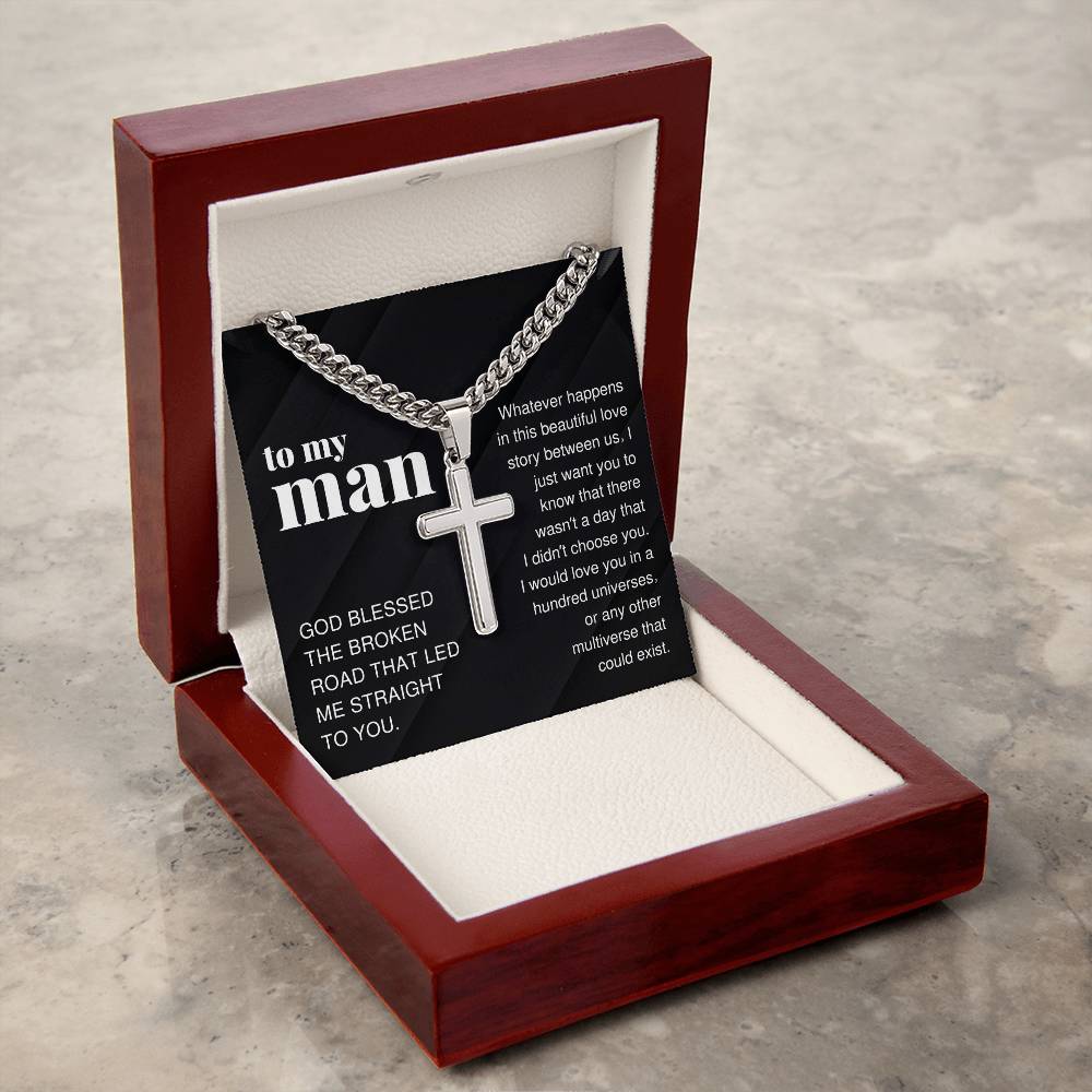 To My Man Gift, I Love You In A Hundred Universes, Cross Pendant Cuban Chain Men Necklace