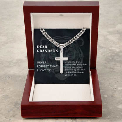 To Grandson Gift Encouragement From Grandparents, be the Man I know you can be, Stainless Steel Cross Pendant Cuban Chain Necklace