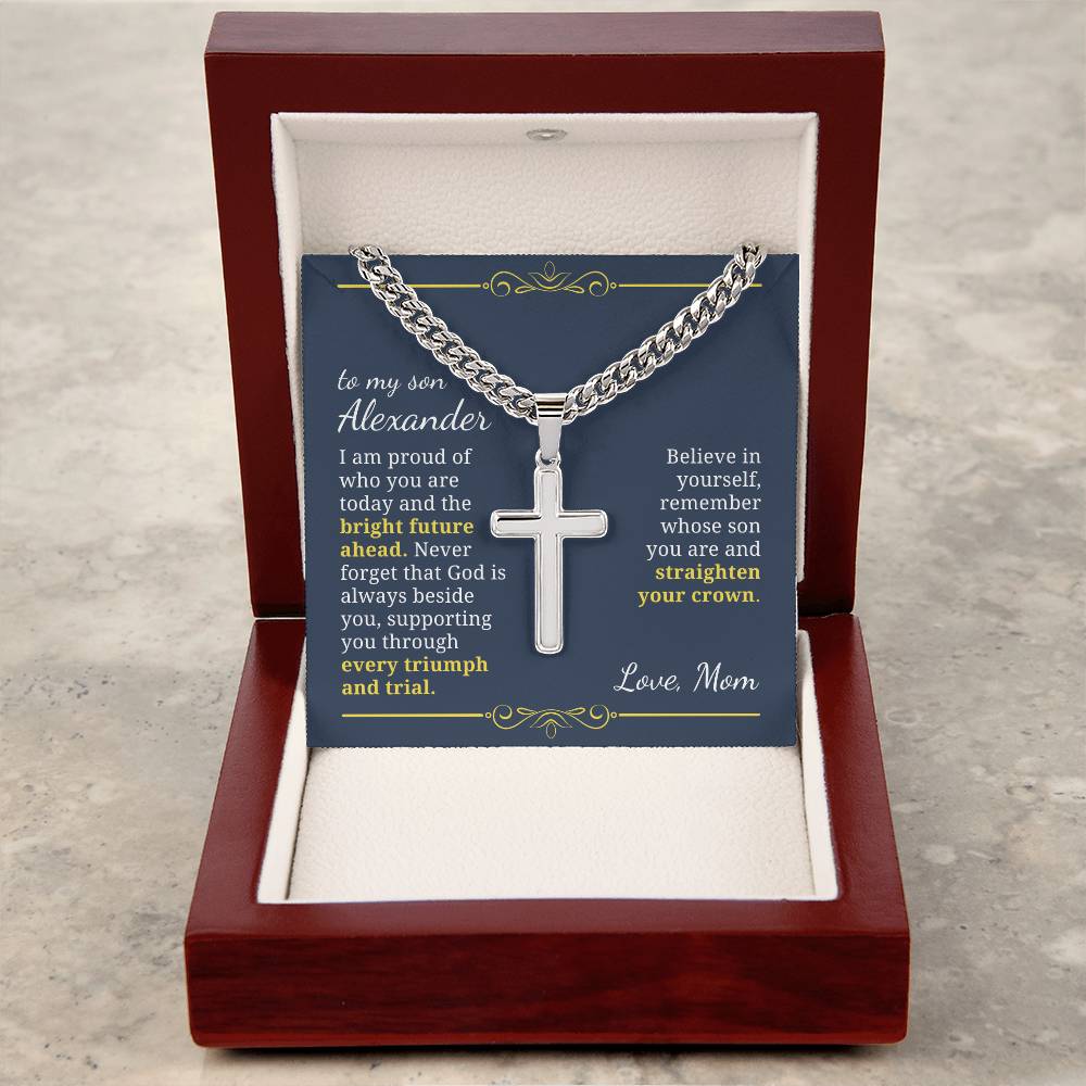 Baptism or Confirmation Gift For Son, Proud of Who You Are, Men's Christian Cross Necklace with Cuban Chain, Custom Name Message Card