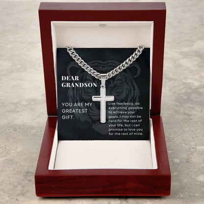 To Grandson, You are my Greatest Gift, From Grandparents, Encouragement Stainless Steel Cross Pendant Cuban Chain Necklace