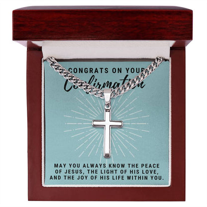 Confirmation Gift for Him, May You Always Know the Peace of Jesus Stainless Steel Men Cross Necklace on Cuban Chain