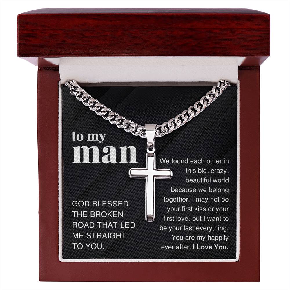 To My Man Gift, Big Crazy Beautiful World, Cross Pendant Cuban Chain Men Necklace