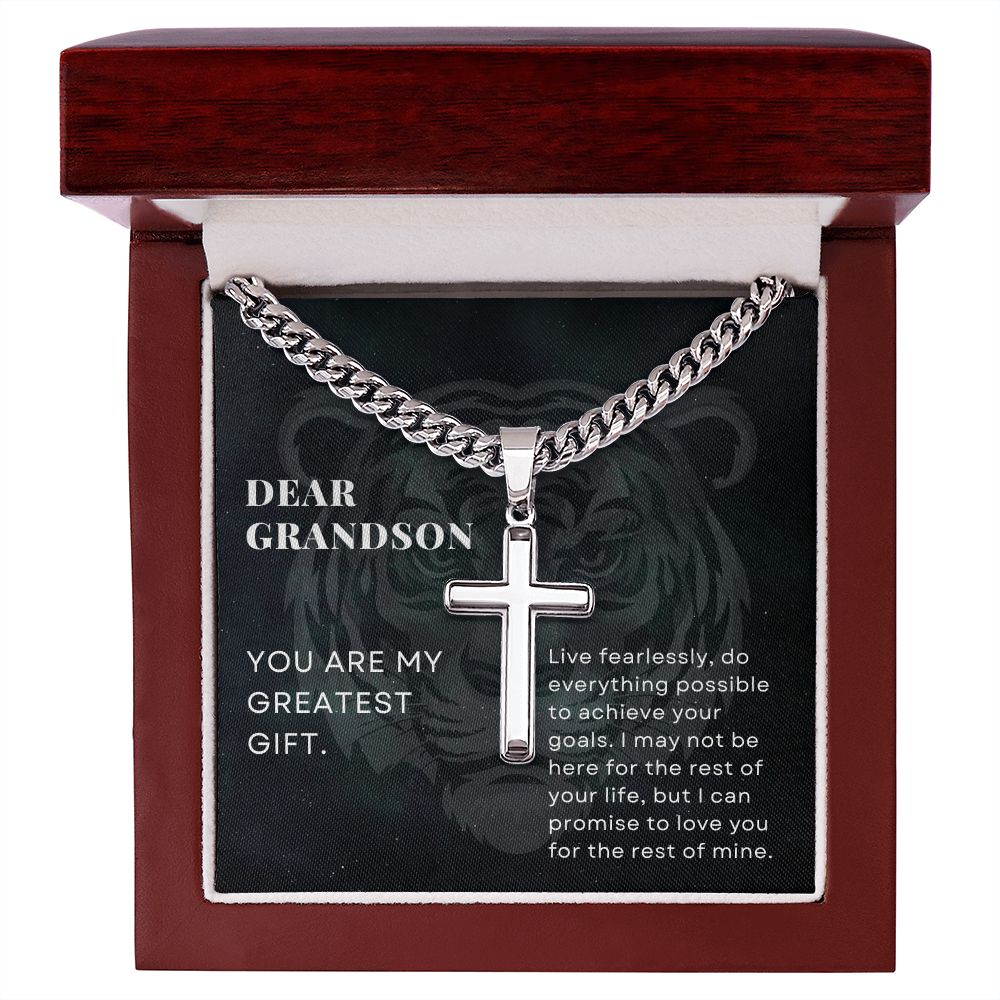 To Grandson, You are my Greatest Gift, From Grandparents, Encouragement Stainless Steel Cross Pendant Chain Necklace