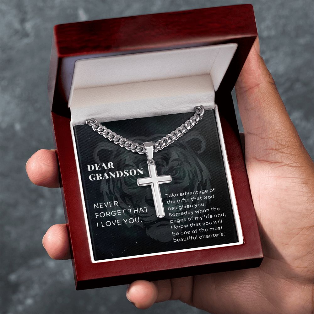 To Grandson Gift, Take Advantage of the Gifts, Encouragement From Grandma Stainless Steel Cross Pendant Cuban Chain Necklace