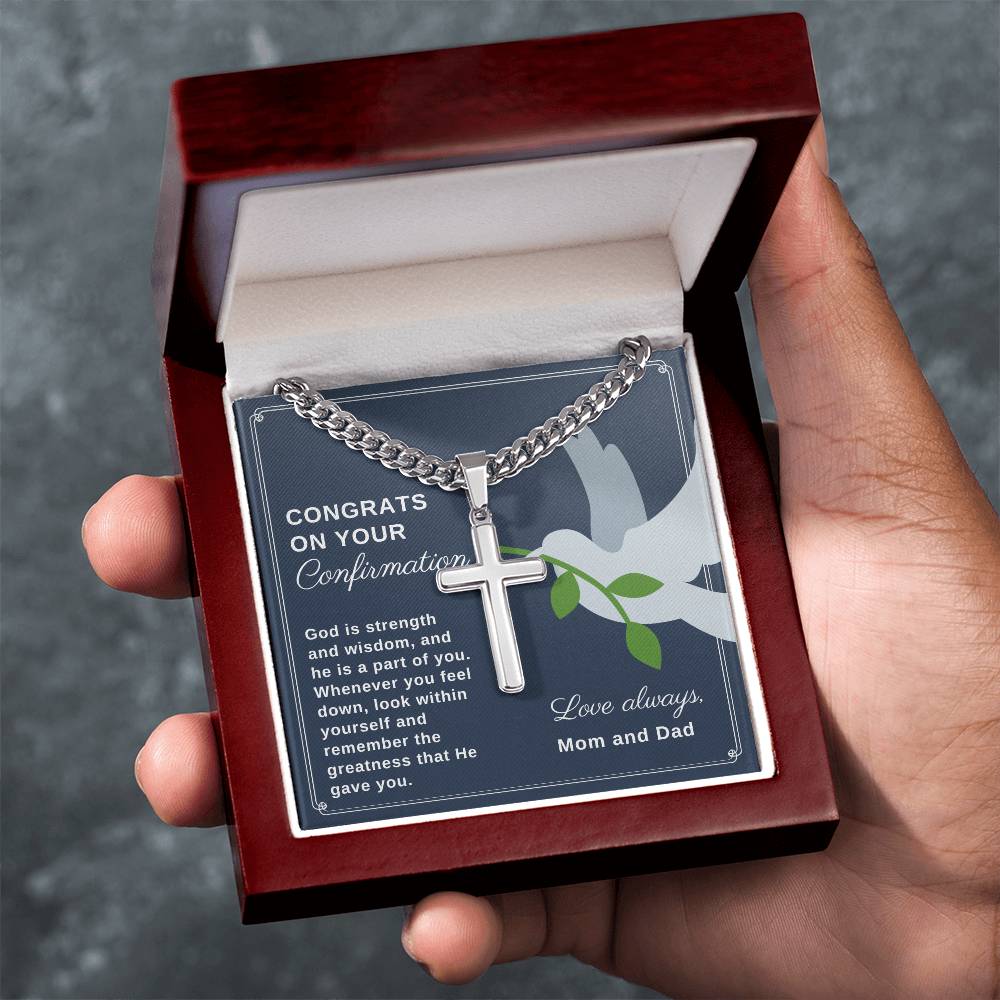 Confirmation Gift to Son from Mom and Dad, God is Strength and Wisdom Stainless Steel Men Cross Necklace on Cuban Chain