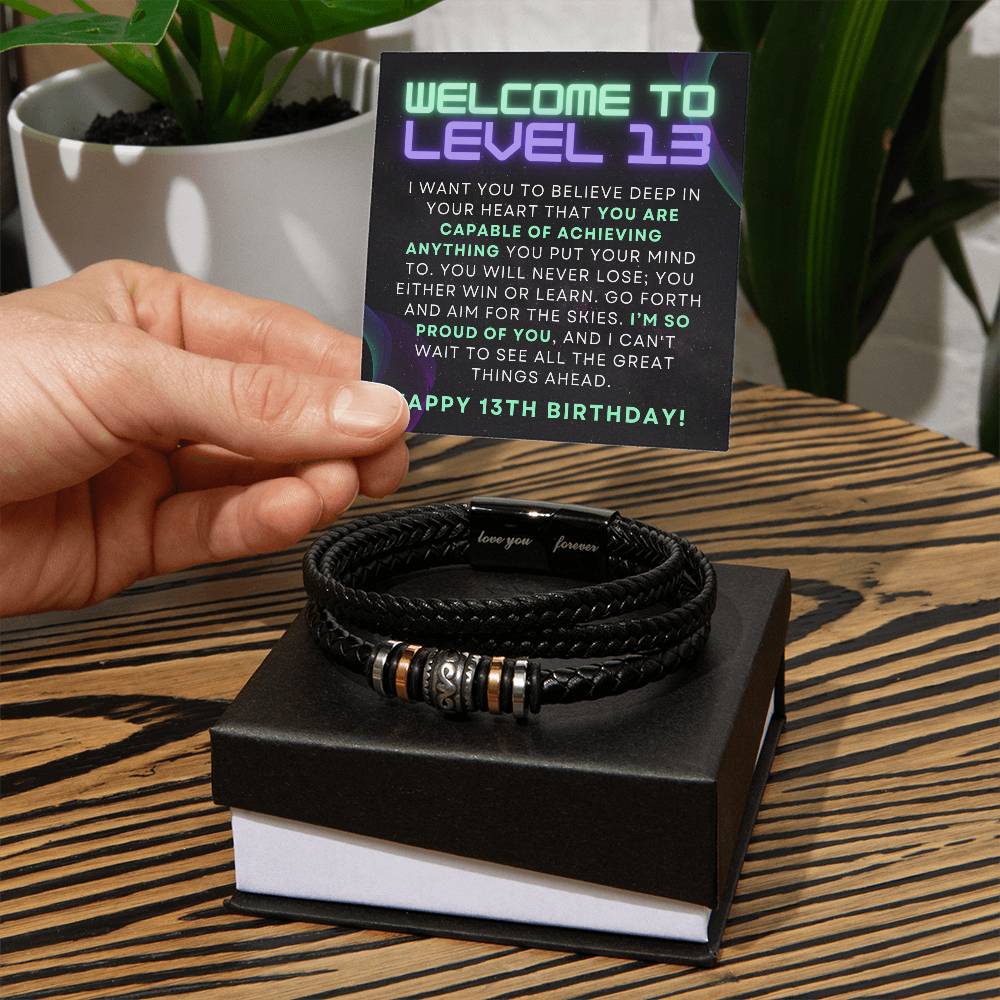 Gamer Level Up Happy 13th Birthday Gift For Teen Boy Braided Vegan Leather Men Bracelet