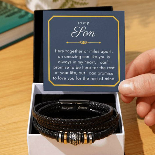 Gift For Son, Together or Miles Apart Graduation Encouragement Braided Vegan Leather Men Bracelet