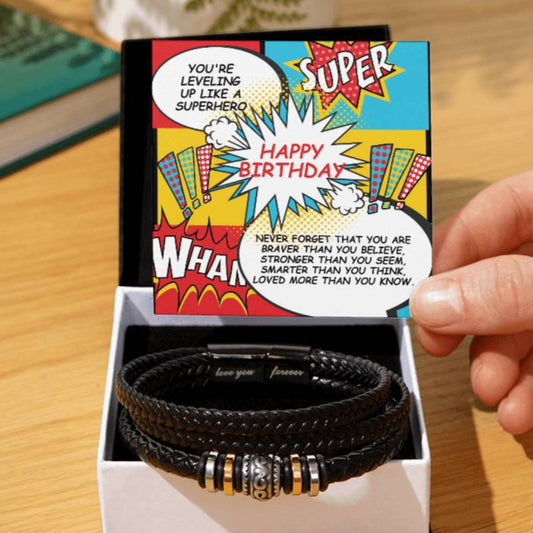 Retro Comic Superhero Happy Birthday Gift For Teen Boy Braided Vegan Leather Men Bracelet