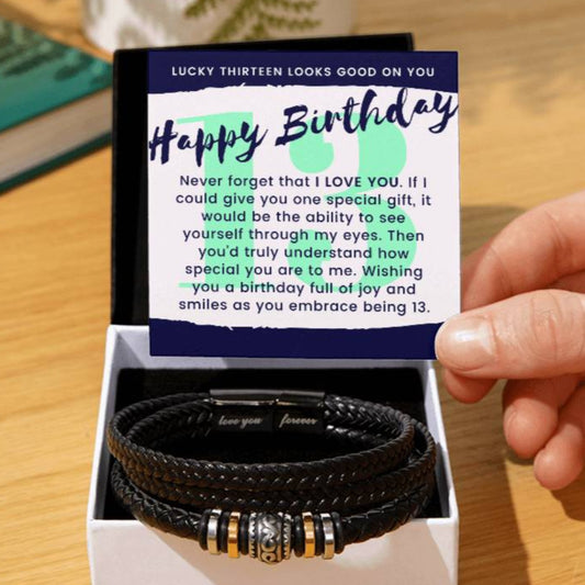Lucky 13 Birthday Gift For Teen Boy Braided Vegan Leather Men Bracelet