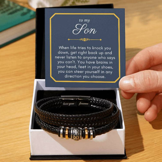 Gift For Son, Get Right Back Up Graduation Encouragement Braided Vegan Leather Men Bracelet