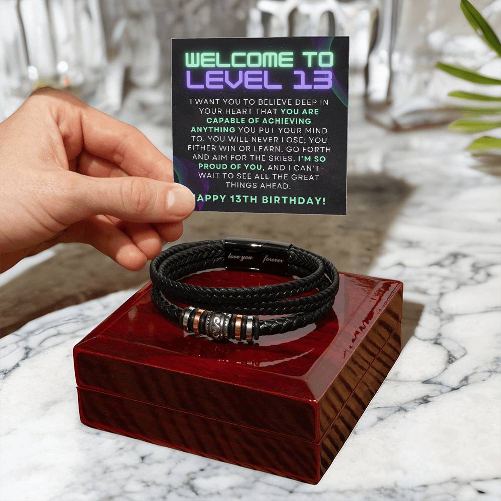 Gamer Level Up Happy 13th Birthday Gift For Teen Boy Braided Vegan Leather Men Bracelet