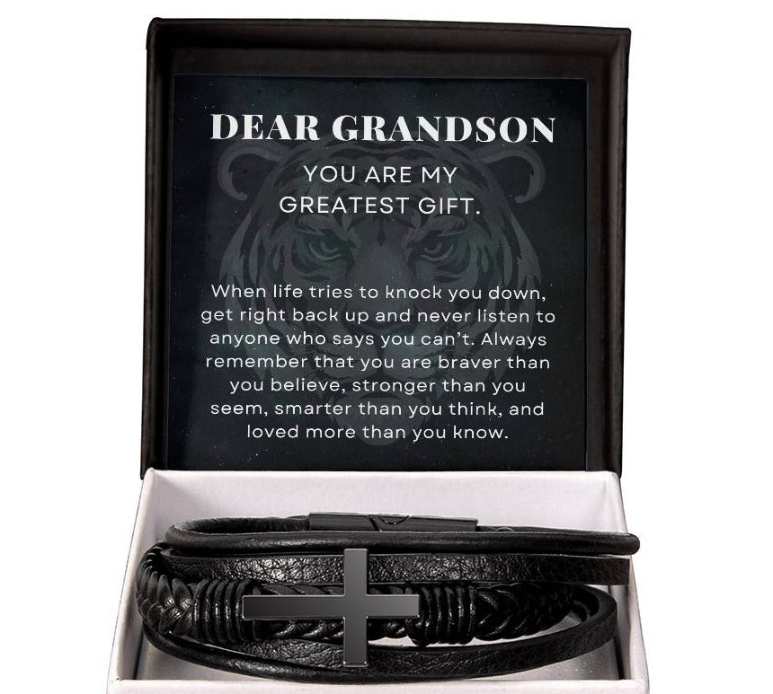 When Life Tries To Knock You Down, To My Grandson Gift, Men's Cross Bracelet