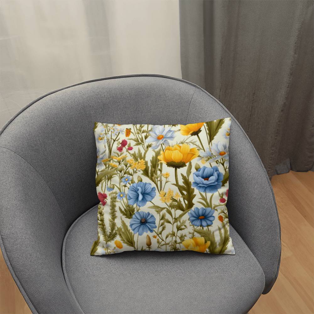 Wildflower Square Throw pillow, Blue Yellow Floral Cottagecore Style Living Room Decor