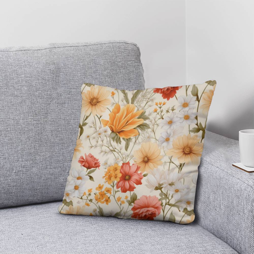 Wildflower Square Throw pillow, Yellow Red Spring Floral Cottagecore Style Living Room Decor