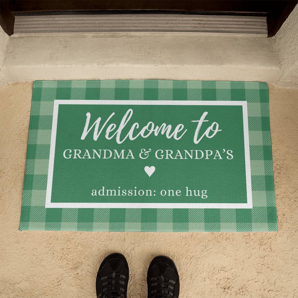 Green Plaid Grandma and Grandpa Indoor Outdoor Welcome Door Mat