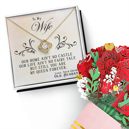 To My Wife Gift, My Queen Forever, Love Knot Necklace with Paper Flower Bouquet From Husband