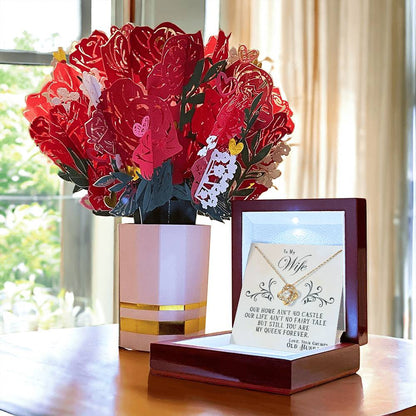 To My Wife Gift, My Queen Forever, Love Knot Necklace with Paper Flower Bouquet From Husband