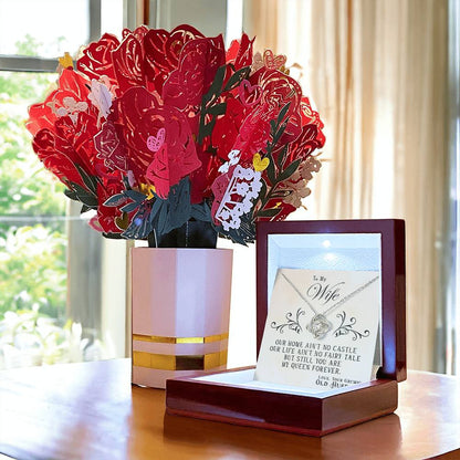 To My Wife Gift, My Queen Forever, Love Knot Necklace with Paper Flower Bouquet From Husband