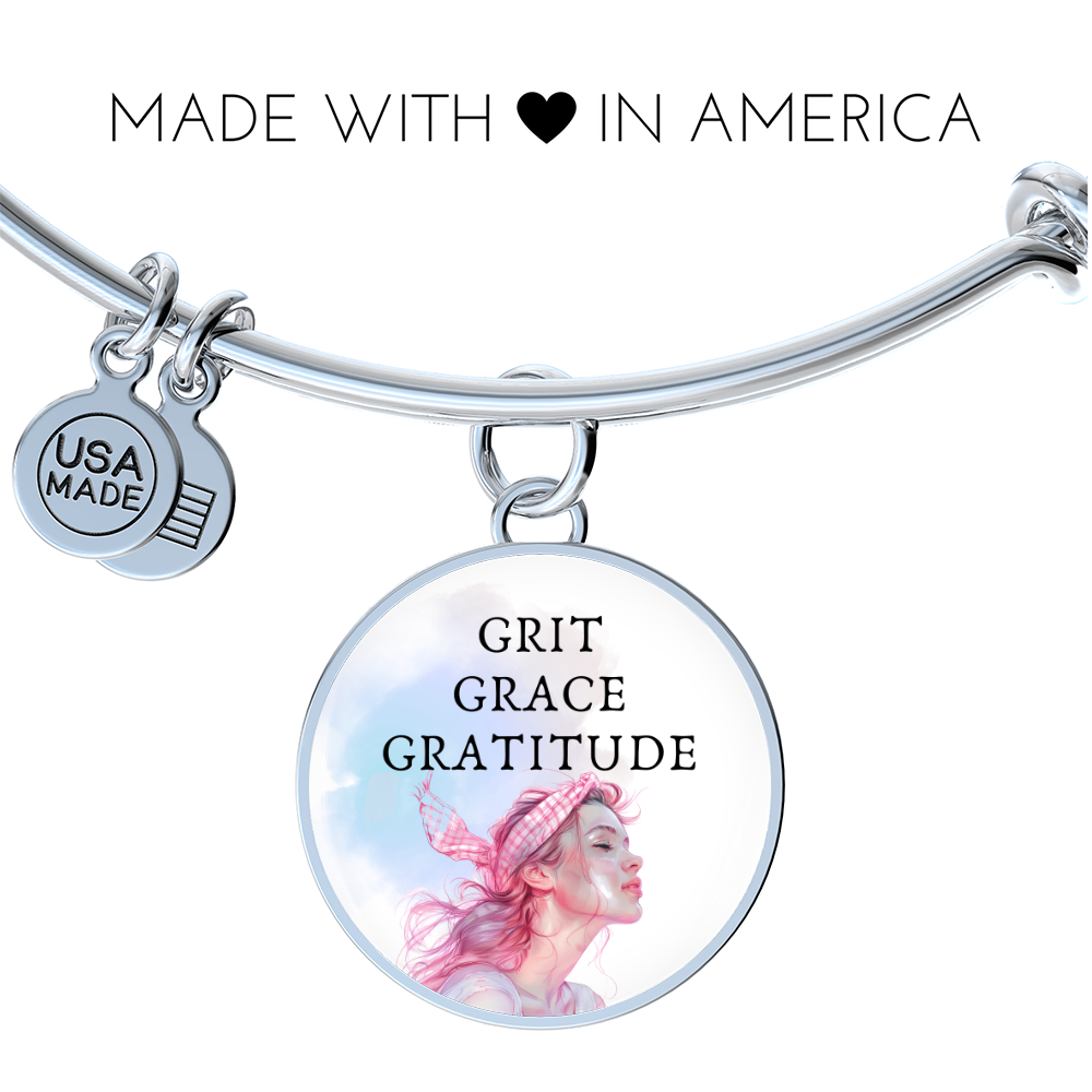 Grit Grace Gratitude Pink Heroine, Engravable Charm Bangle
