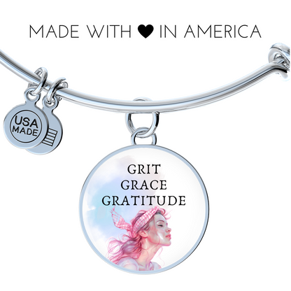 Grit Grace Gratitude Pink Heroine, Engravable Charm Bangle