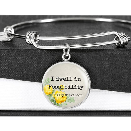 I Dwell in Possibility, Emily Dickinson Quote, Engravable Charm Bangle