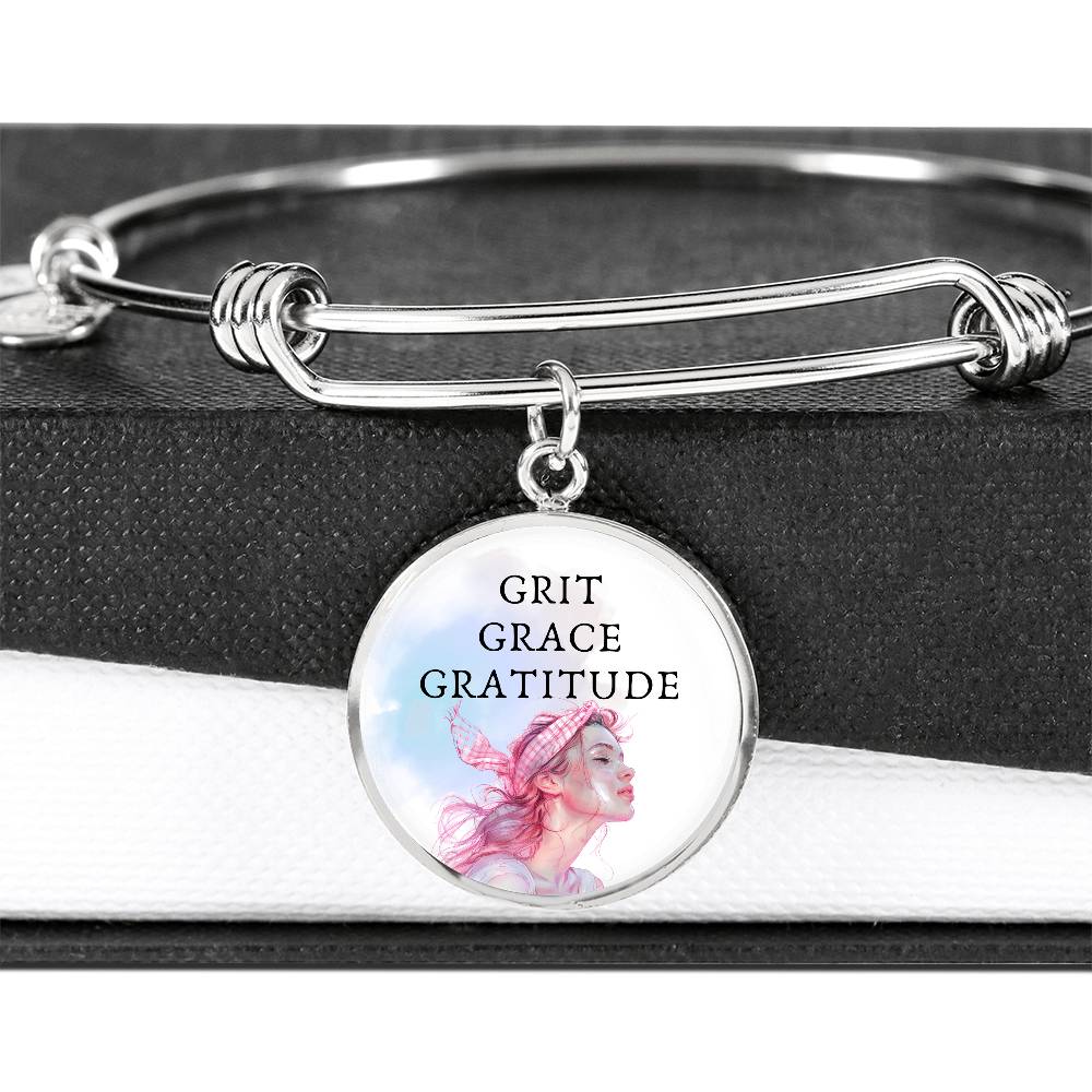 Grit Grace Gratitude Pink Heroine, Engravable Charm Bangle