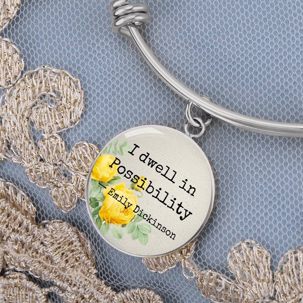 I Dwell in Possibility, Emily Dickinson Quote, Engravable Charm Bangle
