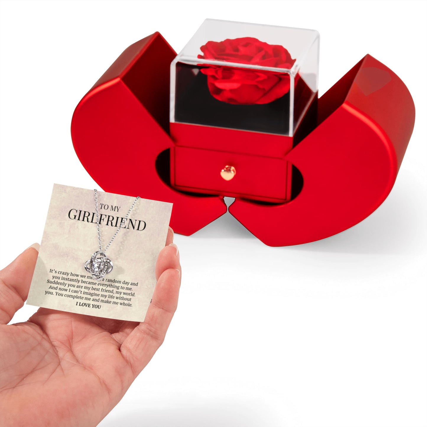 To My Girlfriend Gift, My World, Forever Love Necklace with Red Heart Rose Box