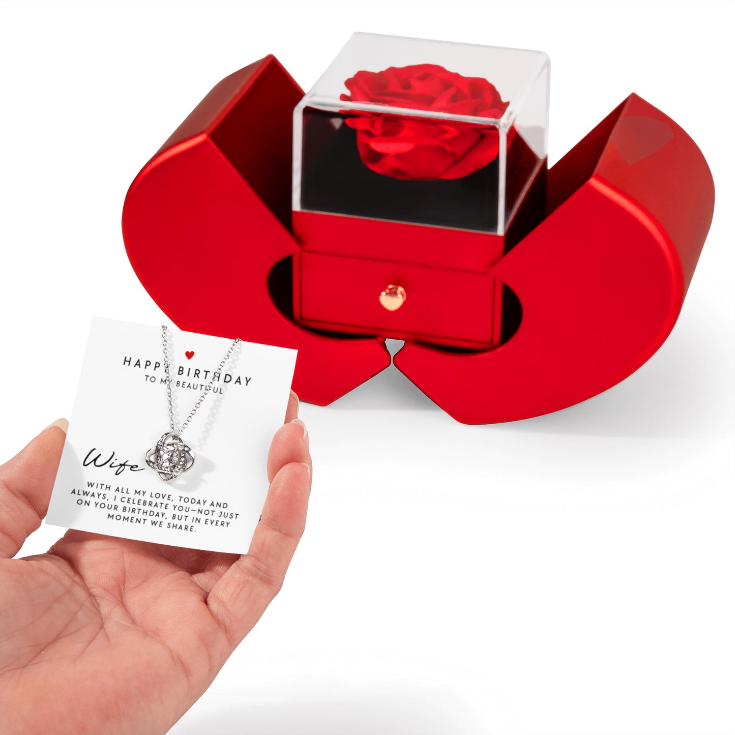To My Wife Birthday Gift, With All My Love Message, Love Knot Necklace with Red Heart Rose Box
