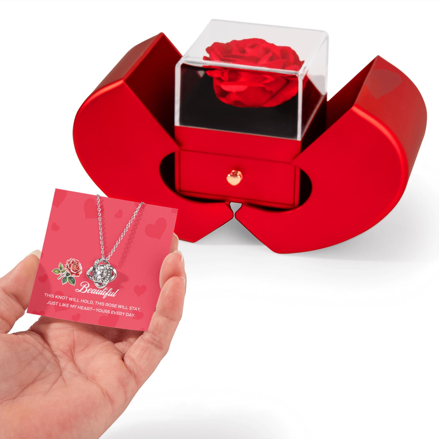 Romantic Gift For Girlfriend, This Knot Will Hold Message, Love Knot Necklace with Red Heart Rose Box