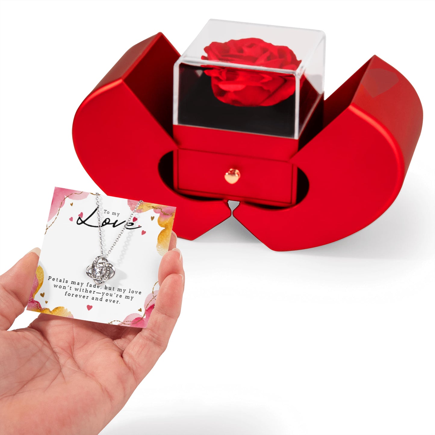 Romantic Gift For Her, Petals May Fade, Love Knot Necklace with Red Heart Rose Box