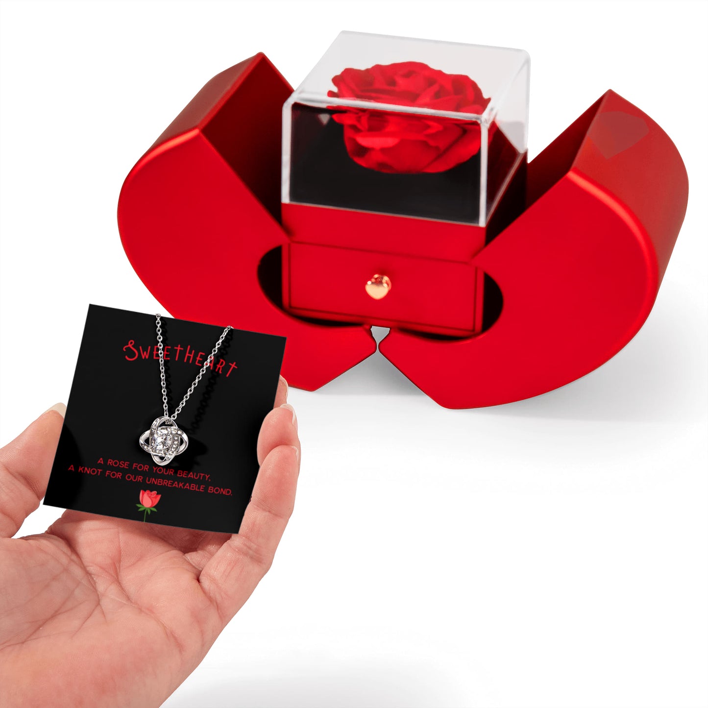 Romantic Gift For Girlfriend, A Rose For Your Beauty, Love Knot Necklace with Red Heart Rose Box