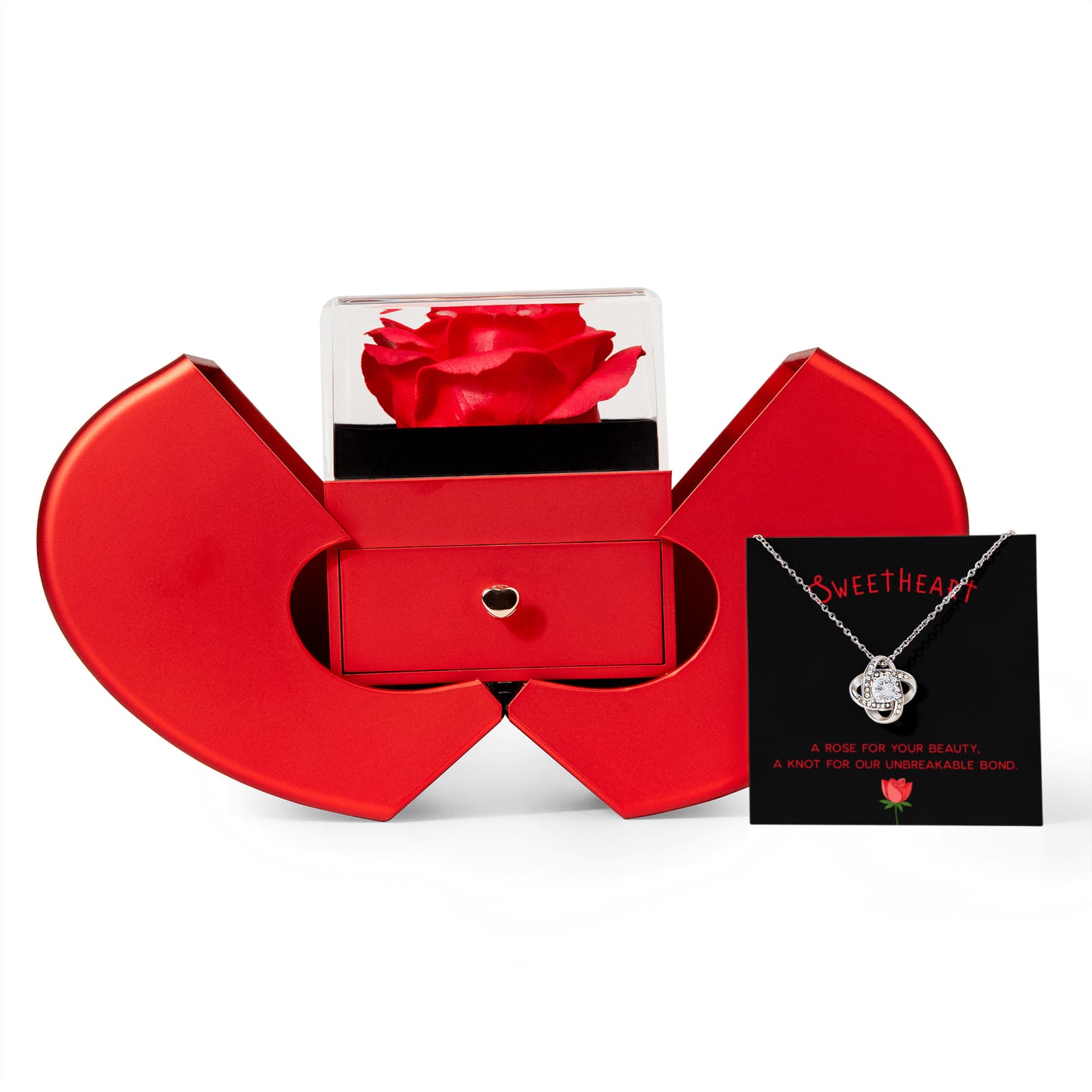 Romantic Gift For Girlfriend, A Rose For Your Beauty, Love Knot Necklace with Red Heart Rose Box
