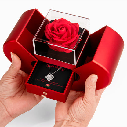 Romantic Gift For Girlfriend, A Rose For Your Beauty, Love Knot Necklace with Red Heart Rose Box