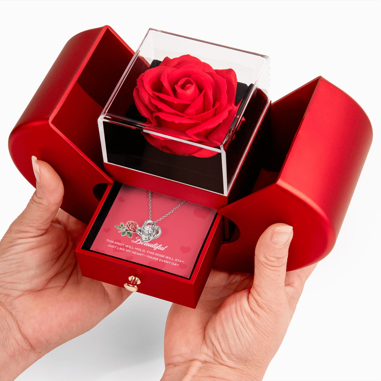 Romantic Gift For Girlfriend, This Knot Will Hold Message, Love Knot Necklace with Red Heart Rose Box