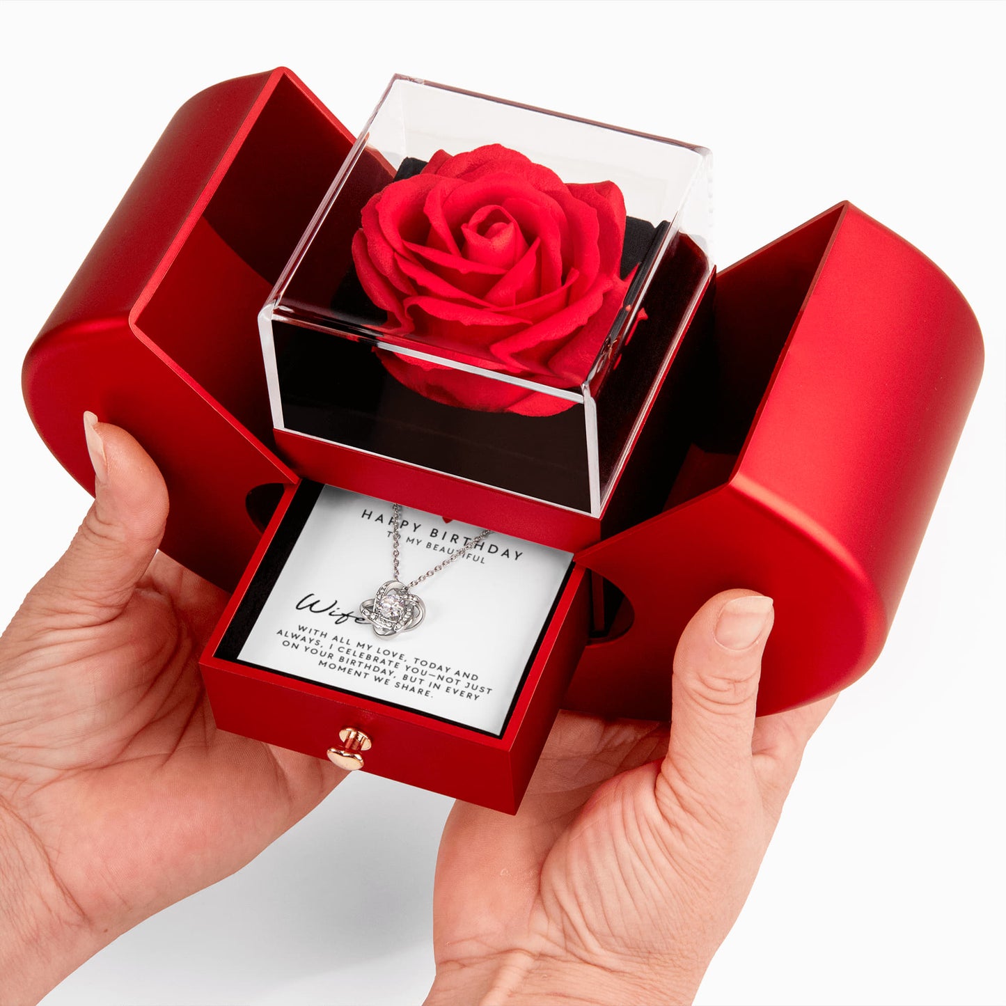 To My Wife Birthday Gift, With All My Love Message, Love Knot Necklace with Red Heart Rose Box