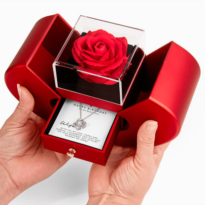 To My Wife Birthday Gift, With All My Love Message, Love Knot Necklace with Red Heart Rose Box