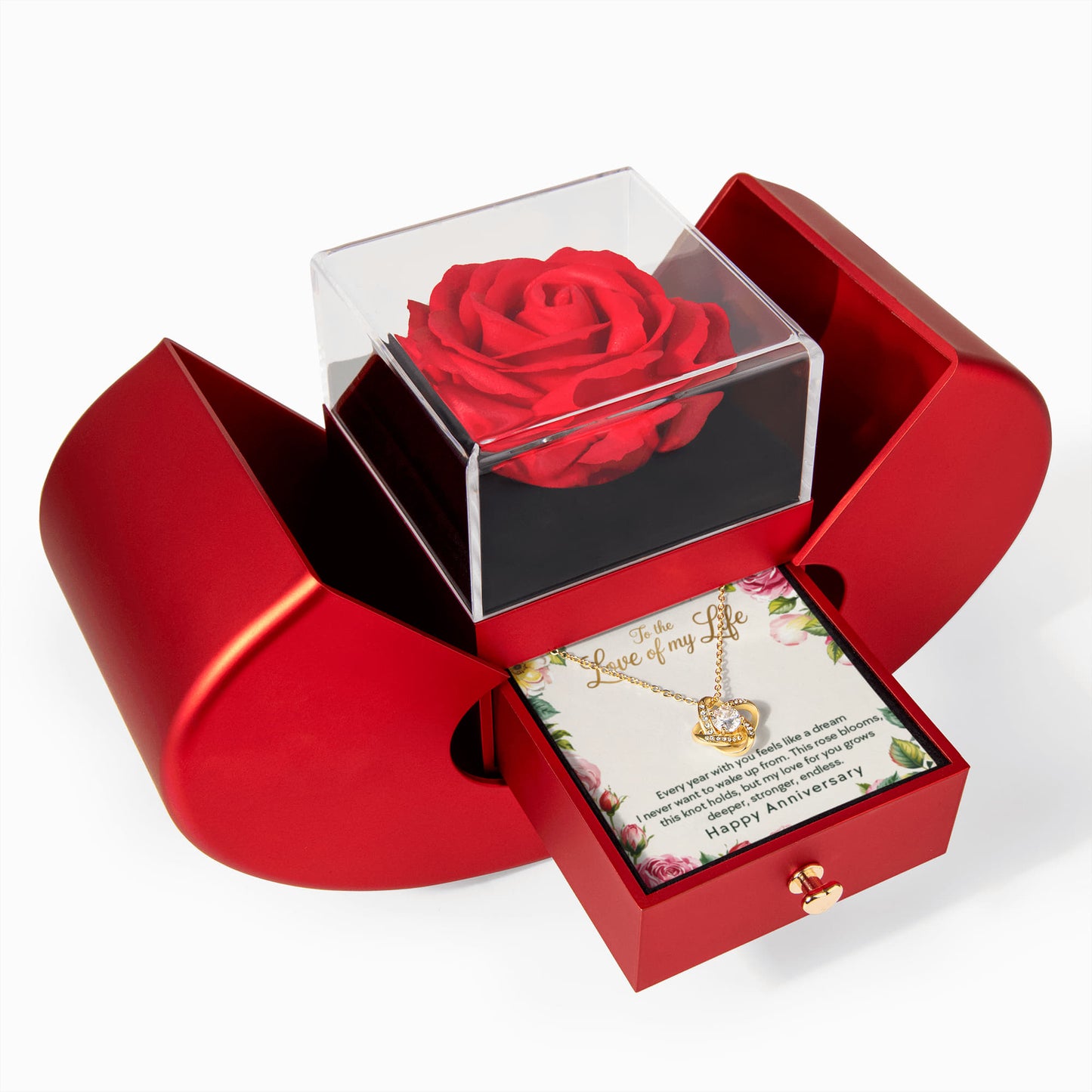 Romantic Anniversary Gift For Her, Every Year With You , Love Knot Necklace with Red Heart Rose Box