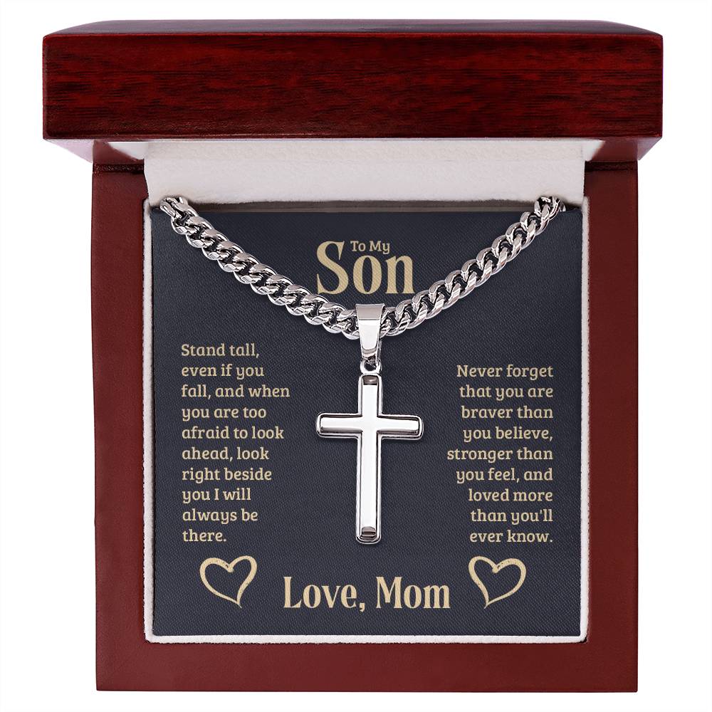 To My Son Gift, Stand Tall, Cuban Chain Cross Necklace