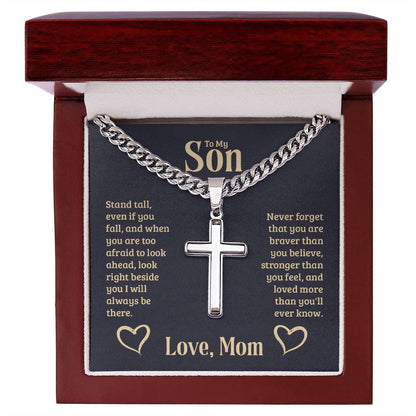 To My Son Gift, Stand Tall, Cuban Chain Cross Necklace