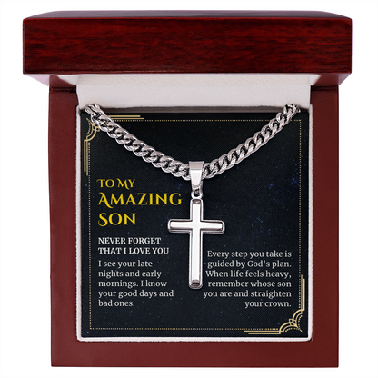 To my Amazing Son, Guided by God's Plan, Cross Pendant with Cuban Link Chain Necklace