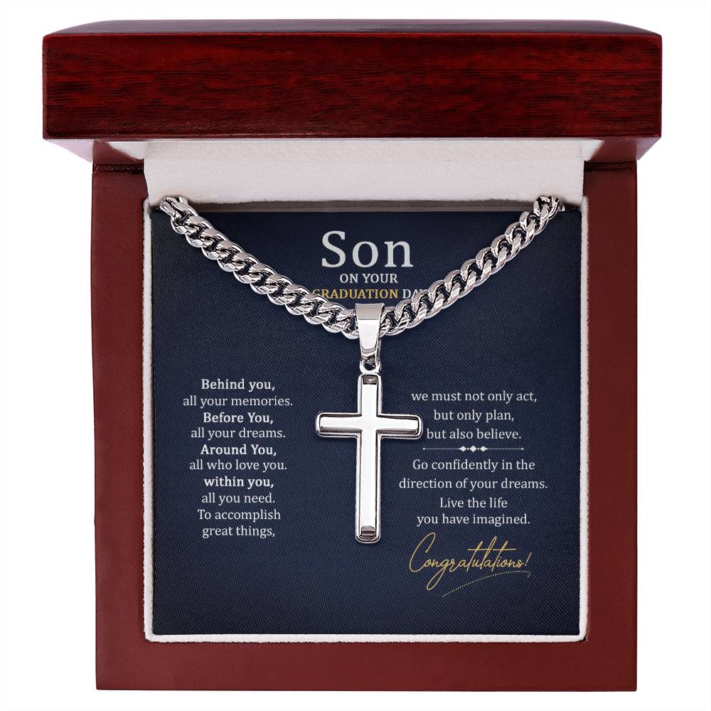 To My Son Gift on Your Graduation Day, Cuban Chain Cross Necklace
