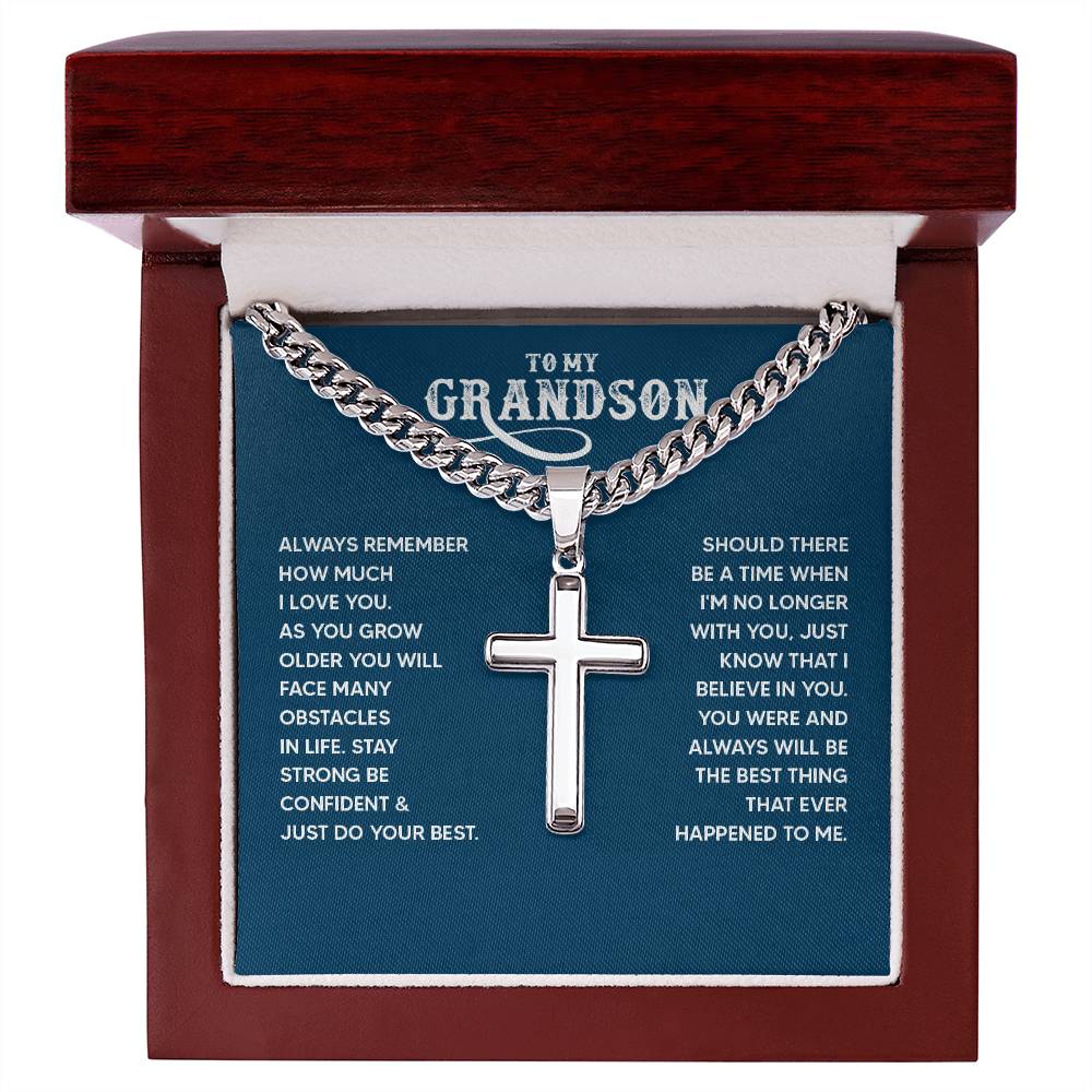 To My Grandson Gift, Always remember How Much I Love You, Cuban Chain Cross Necklace