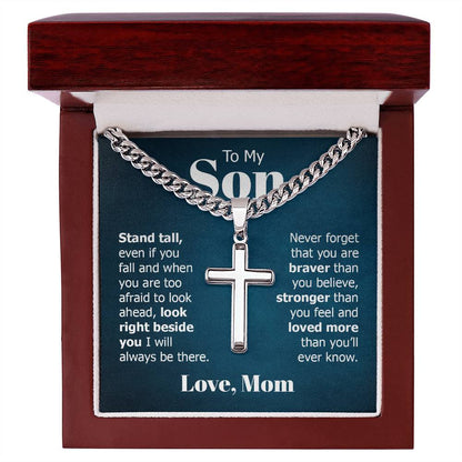 To My Son Gift, Stand Tall Even if You Fall, Cuban Chain Cross Necklace