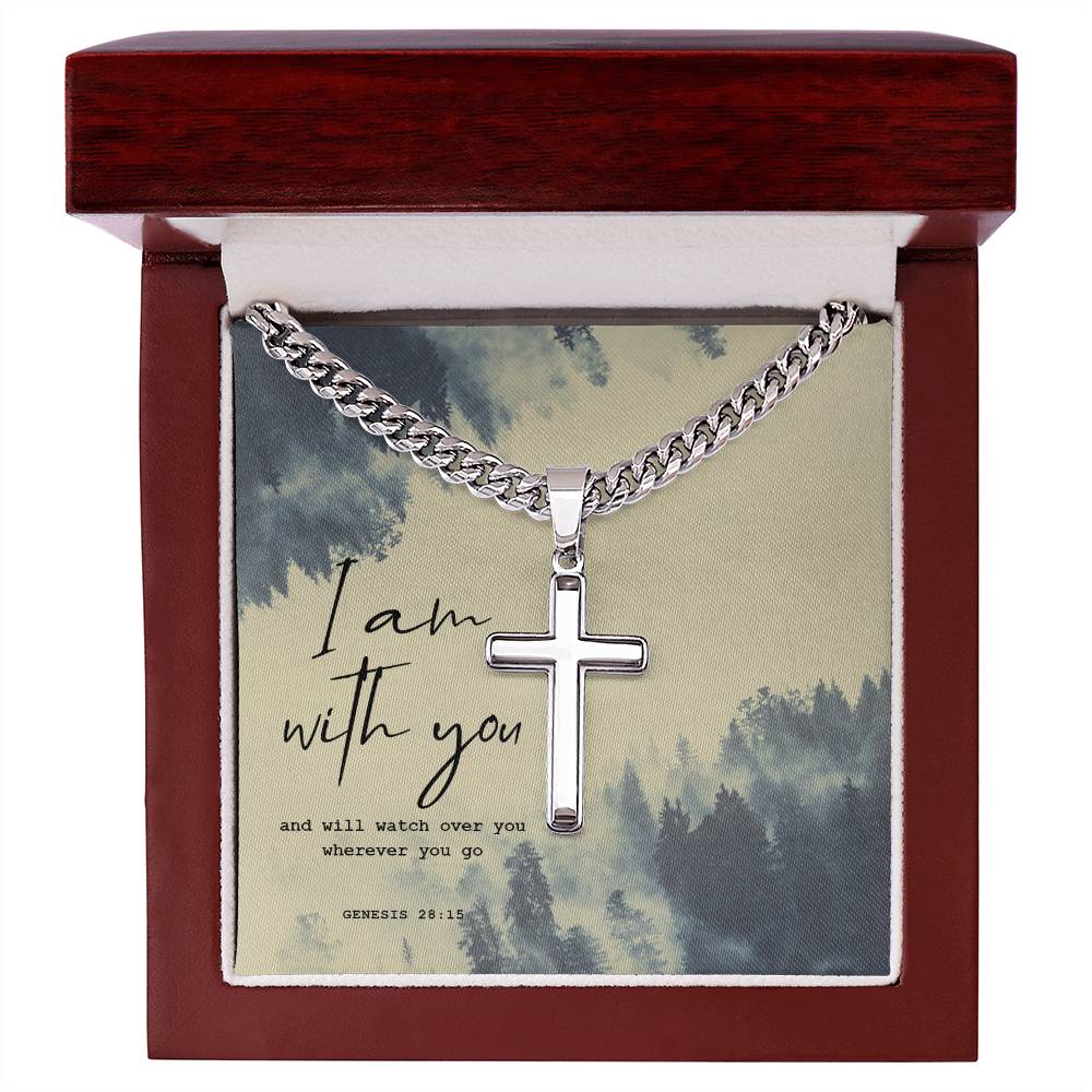 I Am With You, Genesis 28:15, Men Cuban Chain Cross Necklace