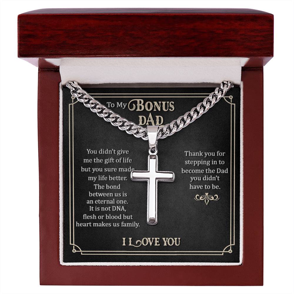 To my Bonus Dad Gift, Men Cuban Chain Cross Necklace