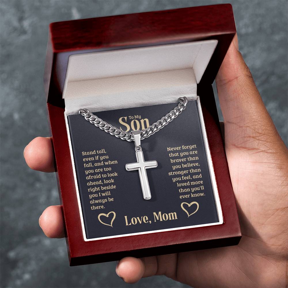 To My Son Gift, Stand Tall, Cuban Chain Cross Necklace